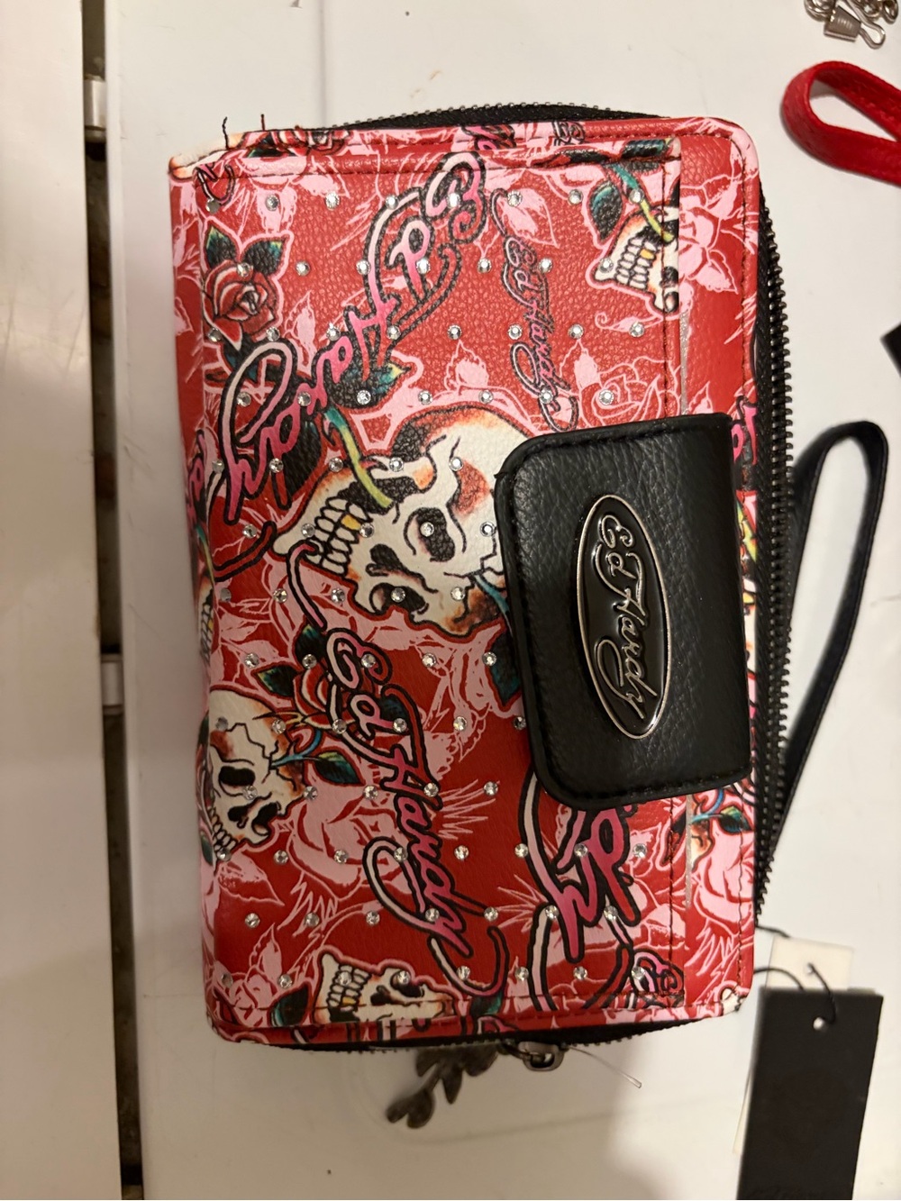 Ed Hardy Red Floral Skull Zip-Around Wallet with Black Trim
